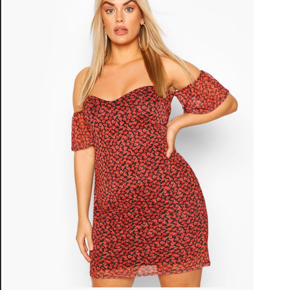 Boohoo Plus Floral Bardot Puff Sleeve Mini Dress